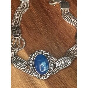 Vintage Sterling Silver 925 Turquoise Stone Bracelet – Ornate Chain Design